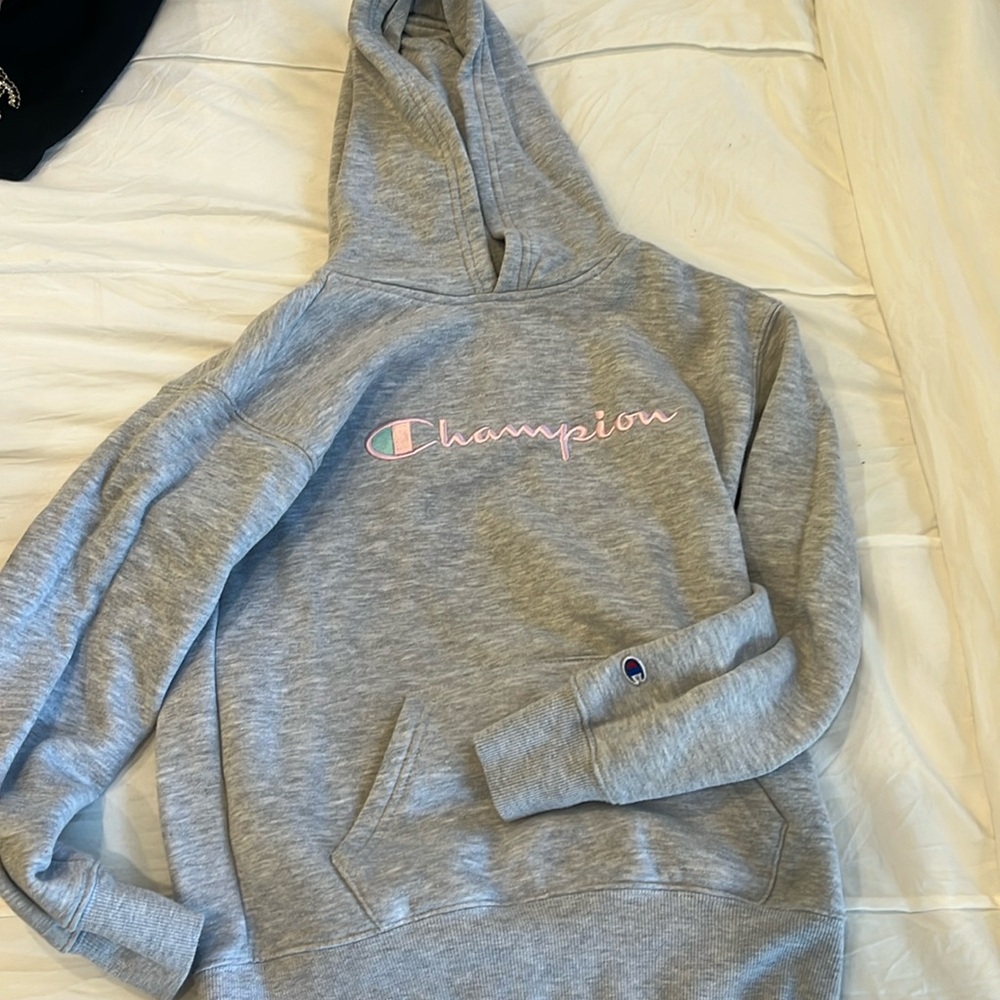 Girls champion hoodie size medium gray with pink and teal logo